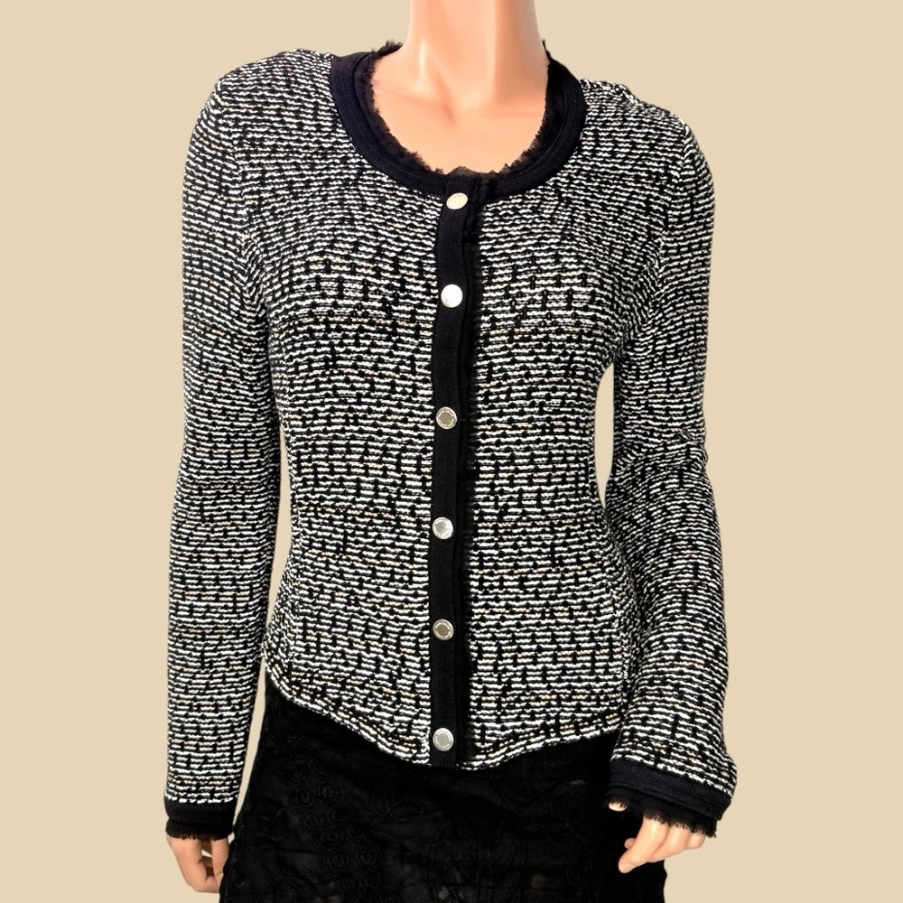 WHBM Women’s‎ S Crop Sweater Jacket Dark Coquette Tweed Black Ecru Goth Office - Picture 3 of 13